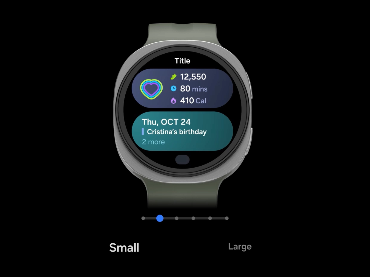 Activity and birthday-event cards appear small on a smartwatch screen, then a control below moves and enlarges the cards.